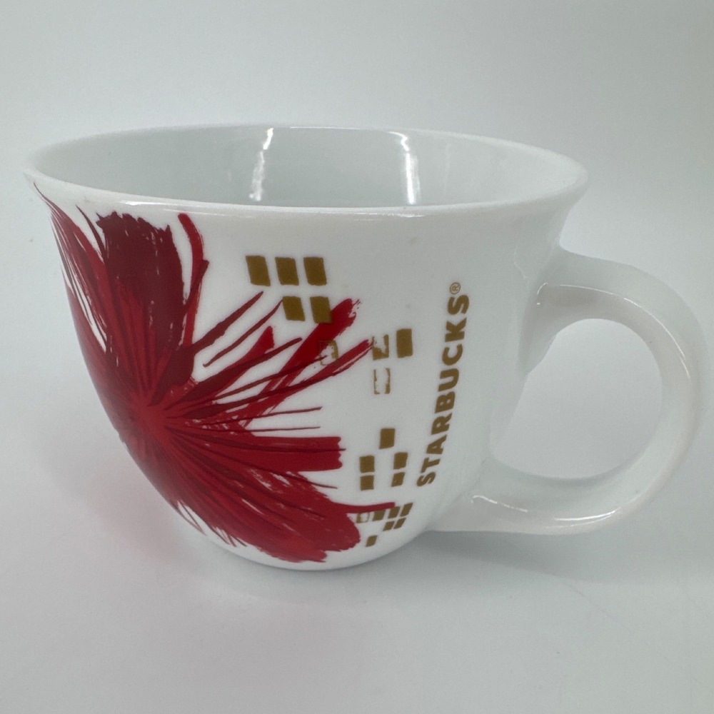 Starbucks 2014 Red Floral Gold Geometric Ceramic Coffee Mug 14oz White